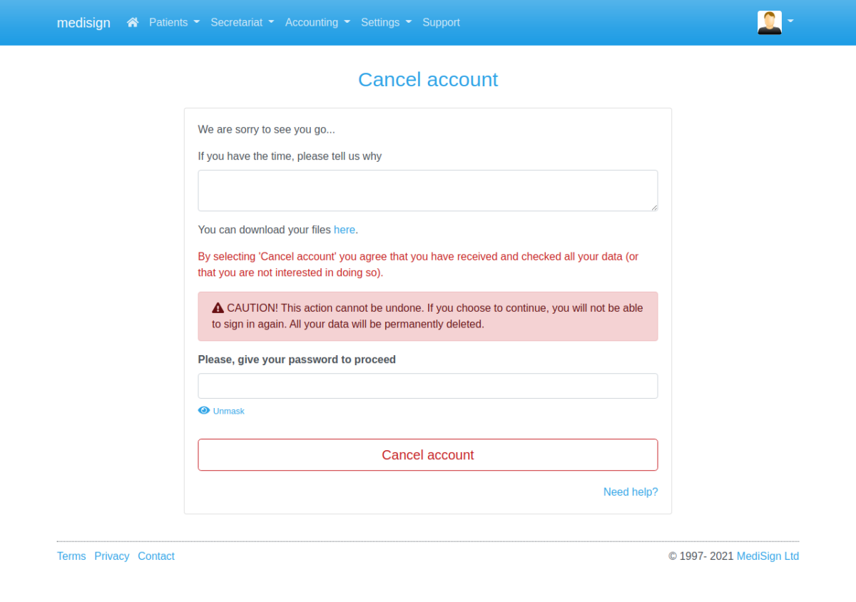 MediSign.com Screenshots - Cancel account