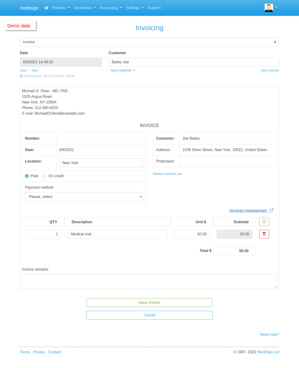 MediSign.com Screenshots - Create an Invoice