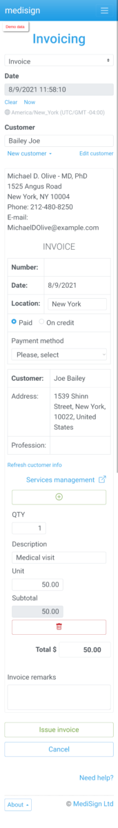 MediSign.com Screenshots on Smartphone - Create an Invoice