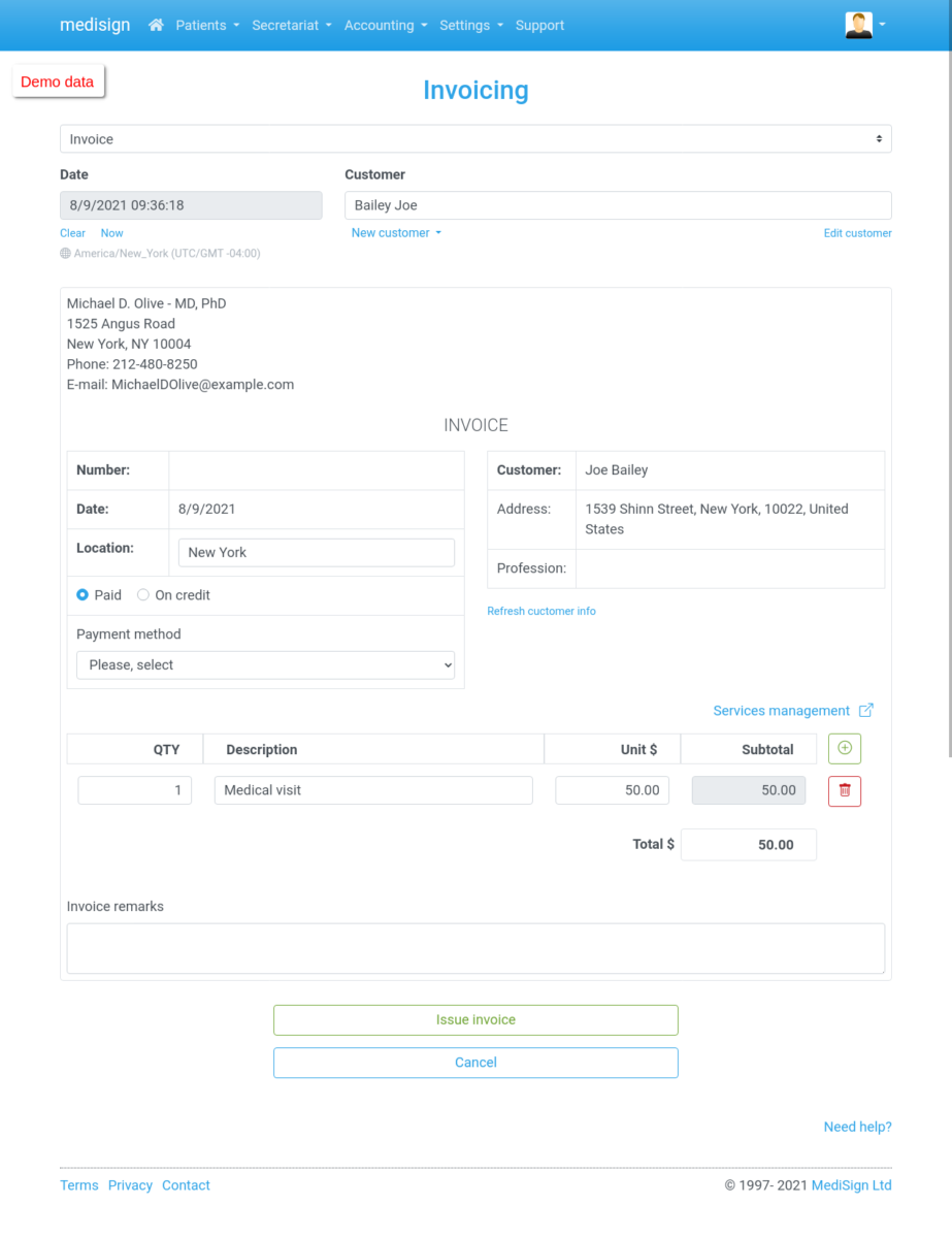 MediSign.com Screenshots on Tablet Landscape - Create an Invoice