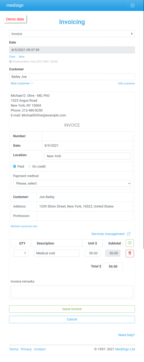 MediSign.com Screenshots on Tablet Portrait - Create an Invoice